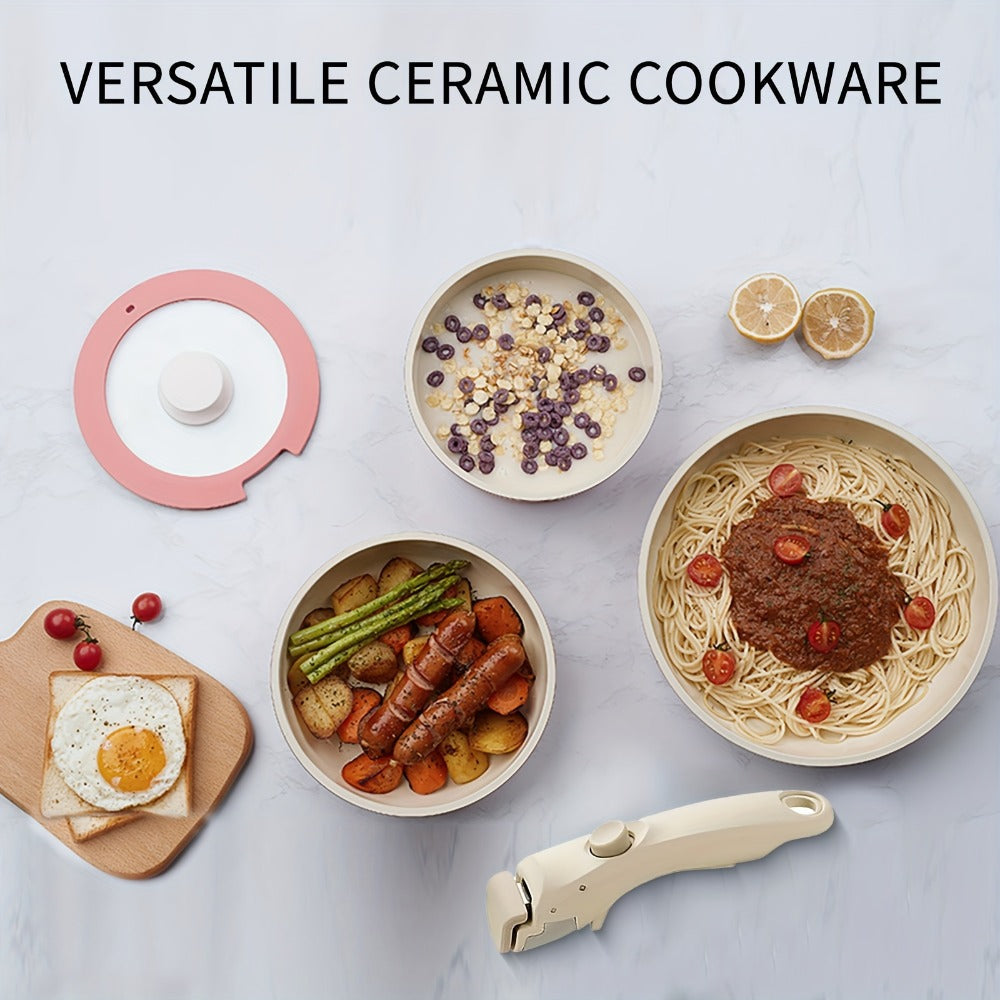 Nonstick Cookware Set 5-Piece Detachable Handle Aluminum Pots and Pans ¨C Space-Saving Stackable Induction Compatible | 8 & 10 Inch Frying Pan Soup Pot Universal Lid | White Pink Beige Coral Pink