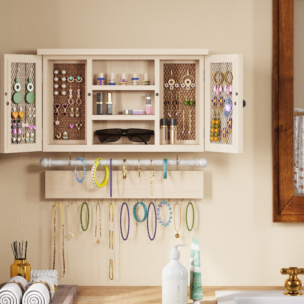 Wall-Mounted Wood Jewelry Organizer ¨C Rustic Hanging Display Shelf with Removable Bracelet Rod & Hooks for Necklaces, Rings & Bracelets, Space-Saving Dressing Room Decor