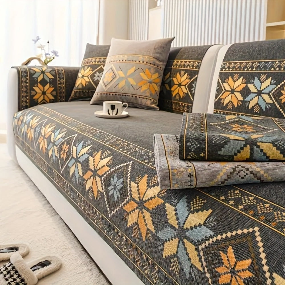 Chenille Sofa Slipcover 1pc Boho Vintage Style - Luxury Non-Slip Removable Four Seasons Universal Couch Cover | Armrest 1 2 3 4 Seater | Dark Gray Light Gray Blue | Living Room Home Decor