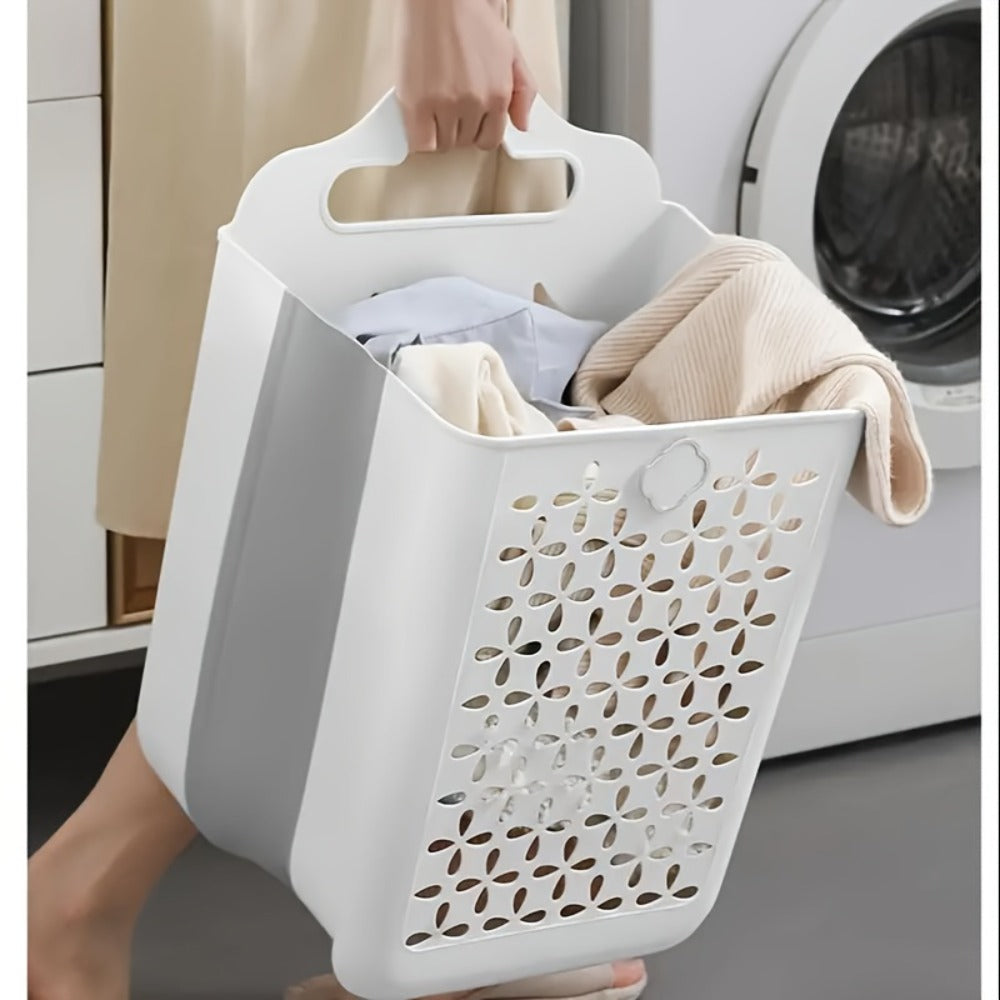 Foldable Laundry Basket Wall Mounted ¨C No-Drill Plastic Storage Bin with Cutout Design for Clothes, Toys, Snacks & Fruits ¨C Space-Saving Collapsible Organizer for Bathroom, Balcony & Bedroom