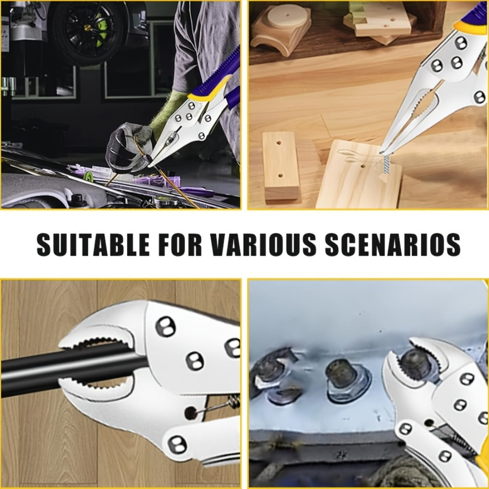 Locking Pliers Set 6pcs Heavy Duty, Includes Needle Nose Pliers 6.5¡± & 9.5¡±, Curved Jaw Locking Pliers 5¡± 7¡± 10¡±, C-Clamp L-Type Pliers with Roll Bag & Ergonomic Metal Handles for Auto, DIY & Workshop