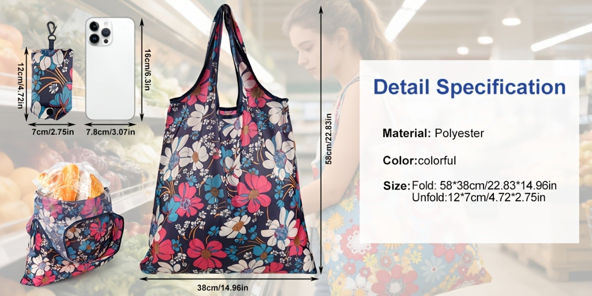 Reusable Grocery Bags Foldable Nylon Tote Bags Waterproof Washable Eco-Friendly Shopping Bag Set with Cute Floral Stripe Polka Dot Leopard Print 18/36pcs
