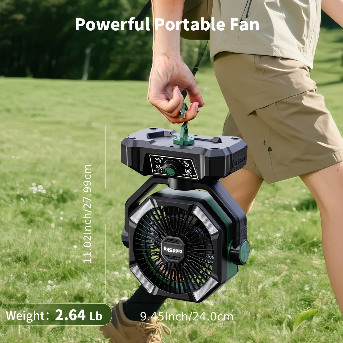 Battery Powered Camping Fan 20000mAh - 8-Speed Dual Motor Desk Fan with 4 LED Lanterns, Hook & Remote Control | Portable Outdoor Fan for Tent, Power Outage & Construction Site | Green, Black & Orange