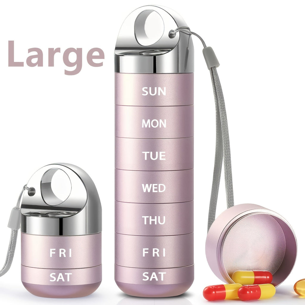 Weekly Pill Organizer Waterproof, Large Aluminum Alloy 7-Day Pill Box for Medications Vitamins Supplements, Portable Travel Pill Case, Blue Black Pink Gray Purple