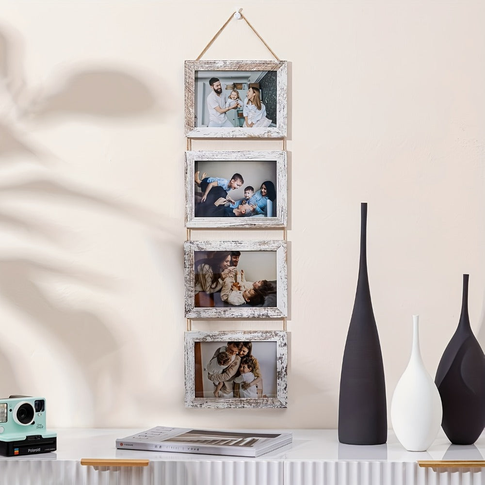 Picture Frame Set 4pcs Wooden Glass 4x6 with Flip-Top Display ¨C Collage Photo Frames for Wall & Desktop, Interchangeable Mat, Home Decor Room Aesthetic ¨C Wedding, Housewarming & Holiday Gift (White/Brown)