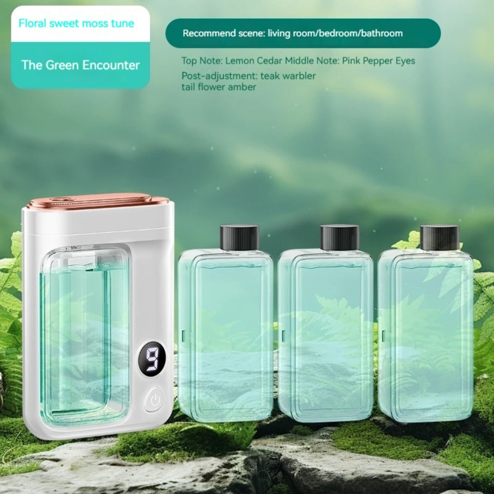 Essential Oil Aromatherapy Diffuser Set ¨C Mini Humidifier with 7 Spray Levels, 1/4/8 Hour Timer, 5.07oz Capacity, Room Decor Scent Diffuser with Hilton, Gardenia, Ocean & Shangri-La Oils
