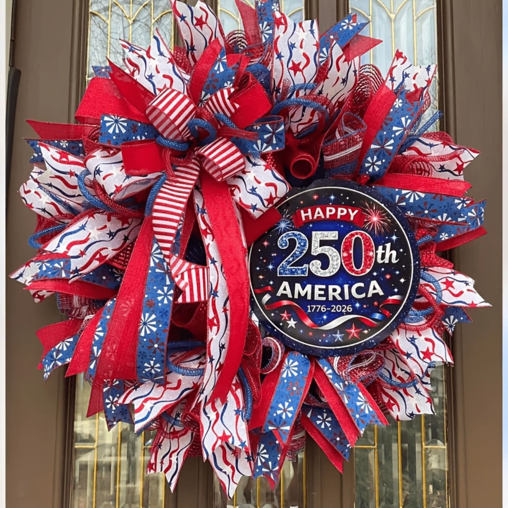 Patriotic Wooden Door Sign 250th Anniversary 1776-2026 Retro Round Wreath 4th of July Independence Day Hanging Decoration Home Porch Outdoor Wall Decor