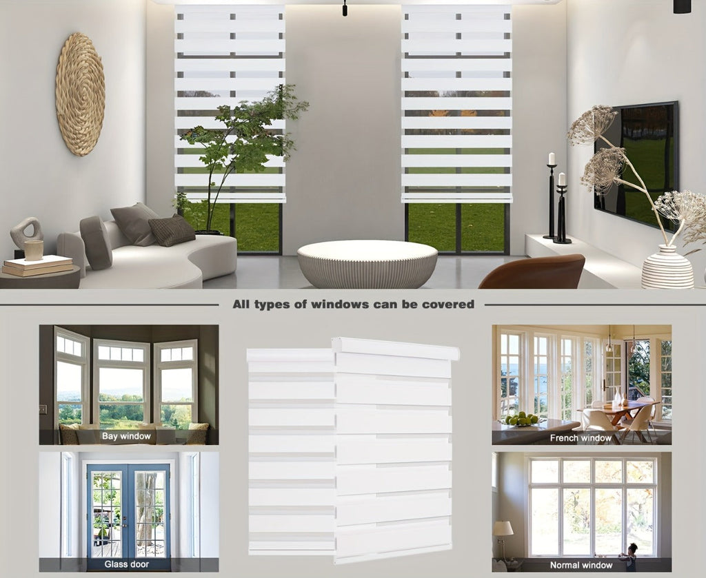 Cordless Zebra Roller Shade with Valance ¨C Day Night Window Blind, Light Filtering Dual Layer Window Treatment Mesh Opaque Fabric