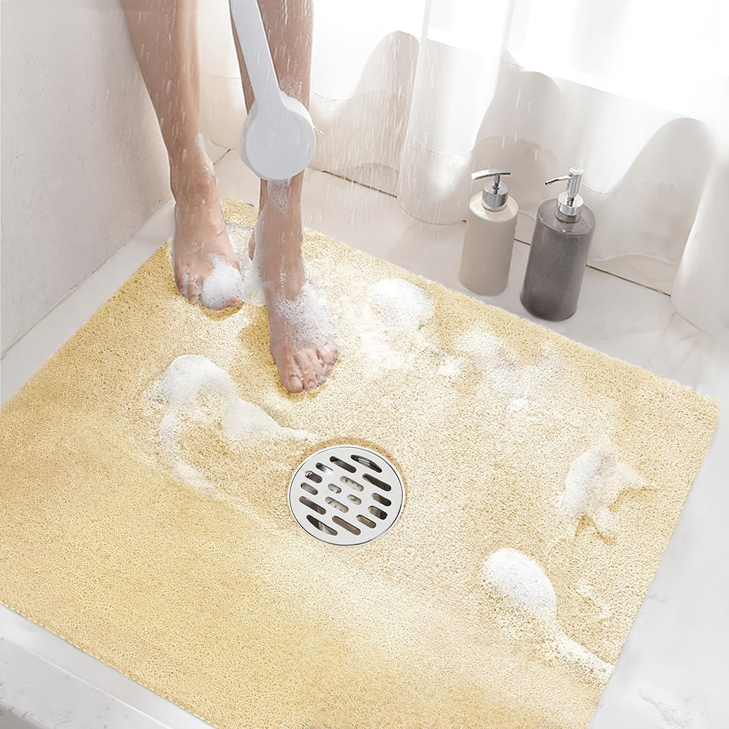 Non-Slip Shower Mat PVC Loofah Bath Mat with Drain Holes ¨C Quick-Dry Square Bathtub Floor Mat, No Suction Cups Needed, Soft Cushioned, 24x24 Inch, Grey/White/Beige