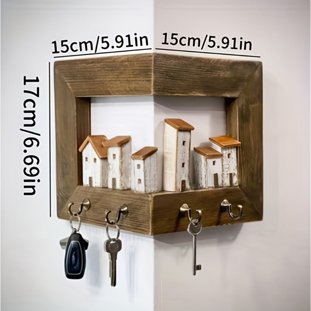Wall Mounted Key Rack with Hooks - Rustic Wooden Key Holder with 6 House Hooks, Entryway Storage Organizer for Home Bedroom Wall Decor
