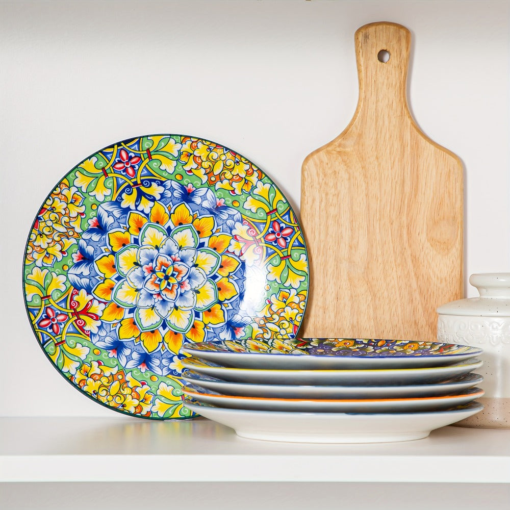 Bohemian Ceramic Dessert Plate Set of 6 - 8.5 Inch Colorful Abstract Pattern Dinnerware, Lead-Free Glazed Porcelain Plates, Dishwasher & Microwave Safe, Boho Home Decor Gift for Kitchen Dining Table