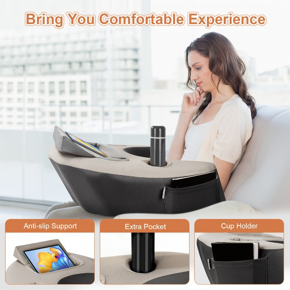 Reading Pillow with Armrests Ergonomic Bed Rest Pillow Back Support Cushion Side Pockets Cup Holder Washable Cover for Gaming Reading Working Sofa Bed Black Grey