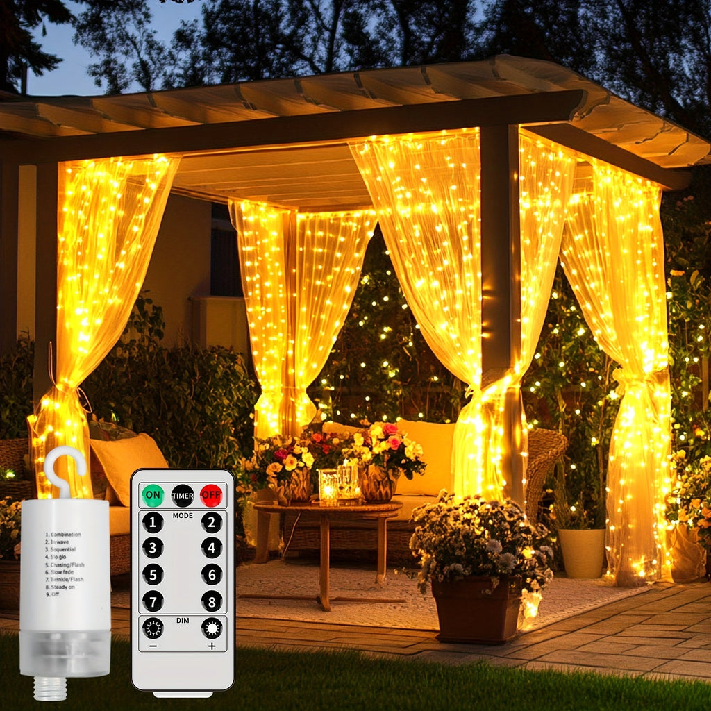 Curtain Lights for Gazebo Outdoor, 330 LED 10ft x 10ft Waterfall Fairy Lights Battery Operated with Remote, IP65 Waterproof Hanging String Lights with 8 Modes for Bedroom Porch Patio Wedding Decoration
