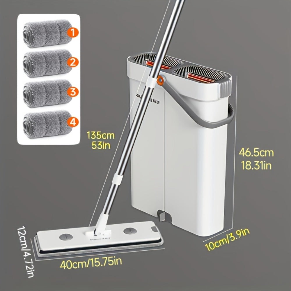 Flat Mop and Bucket Set with Metal Rod 360 Degree Swivel Head Reusable Microfiber Pads Hands-Free Wringing Wet Dry Floor Cleaning System for Hardwood Tile Bathroom Bedroom Living Room
