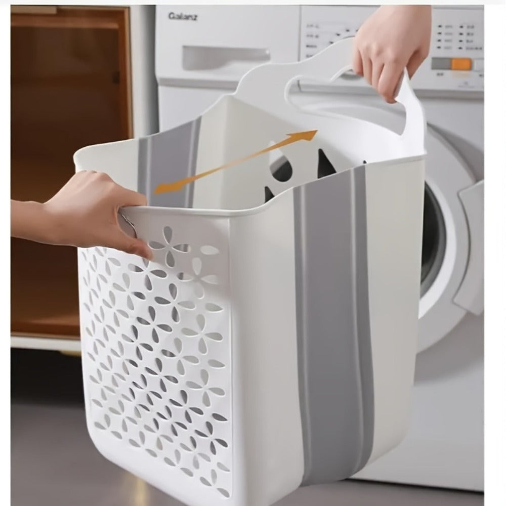 Foldable Laundry Basket Wall Mounted ¨C No-Drill Plastic Storage Bin with Cutout Design for Clothes, Toys, Snacks & Fruits ¨C Space-Saving Collapsible Organizer for Bathroom, Balcony & Bedroom