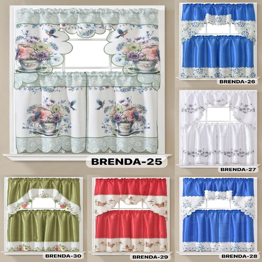 Kitchen Curtains 3 Piece Set Embroidered Satin Valance and Tiers - Rod Pocket Light Filtering Machine Washable 46 Colors Available All Season Home Decor
