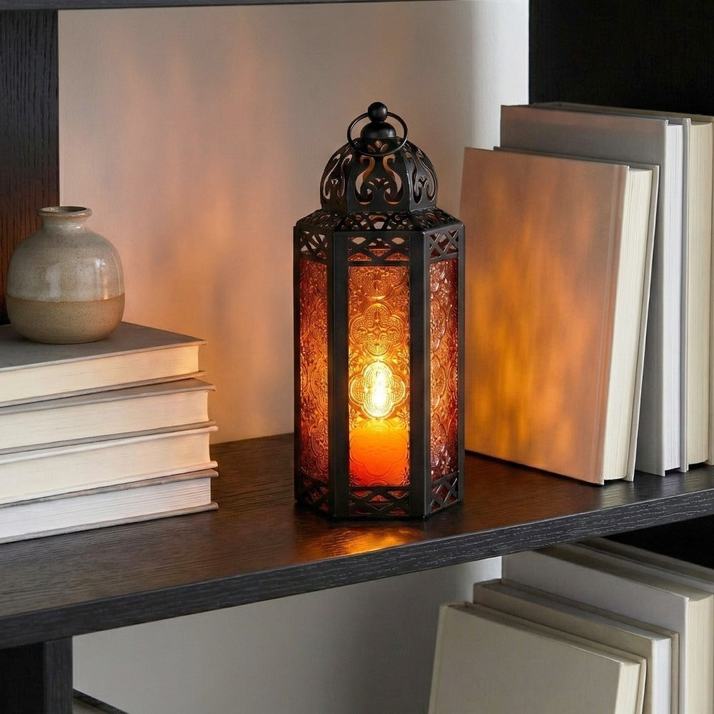 Moroccan Candle Lantern Holder - Decorative Metal & Glass Lantern with Embossed Floral Design for Indoor Home Decor, Garden, Patio, Weddings, Ramadan, Halloween & Holiday Celebrations - 10.5¡± Tall Medium Size