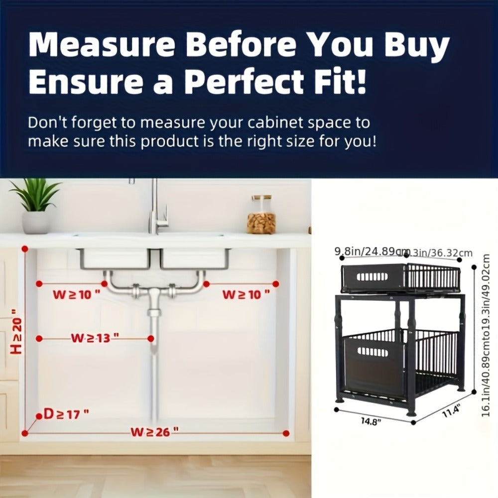 Under Sink Organizer 2-Tier Slide Out ¨C Heavy Duty Metal Cabinet Shelf, Adjustable Space-Saving Storage Rack for Kitchen & Bathroom Cabinets, Pull Out Drawer Organizer