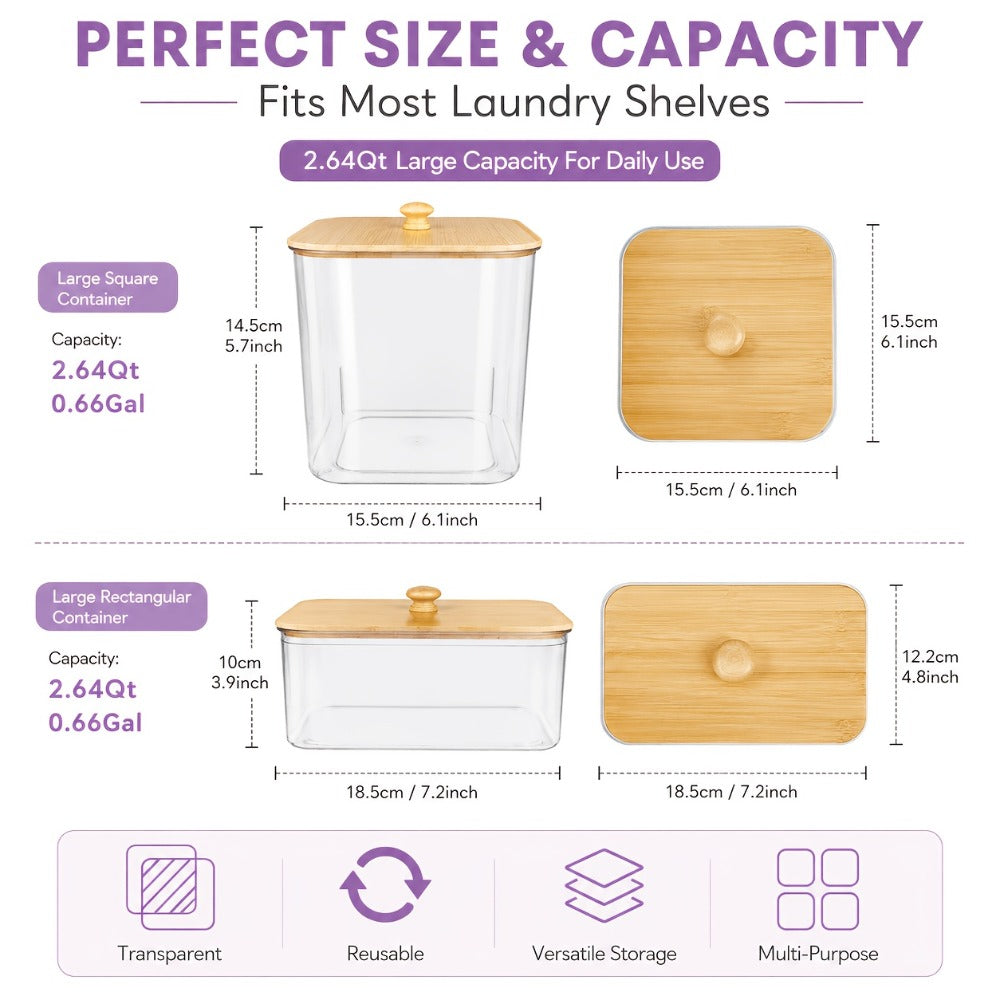 Laundry Pods Container & Dryer Sheet Holder Set with Bamboo Lids, Clear Laundry Room Organization Containers for Scent Booster, Powder, Pods ¨C 3+1 Pack