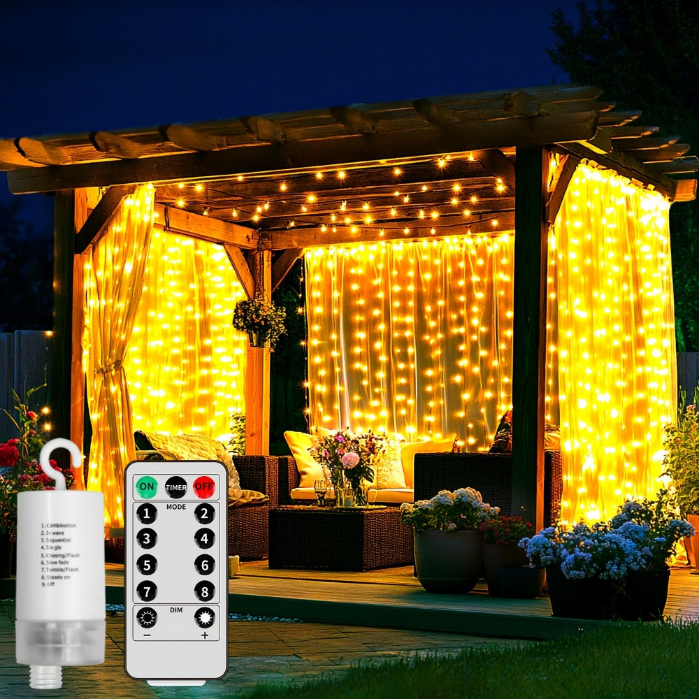 Curtain Lights for Gazebo Outdoor, 330 LED 10ft x 10ft Waterfall Fairy Lights Battery Operated with Remote, IP65 Waterproof Hanging String Lights with 8 Modes for Bedroom Porch Patio Wedding Decoration