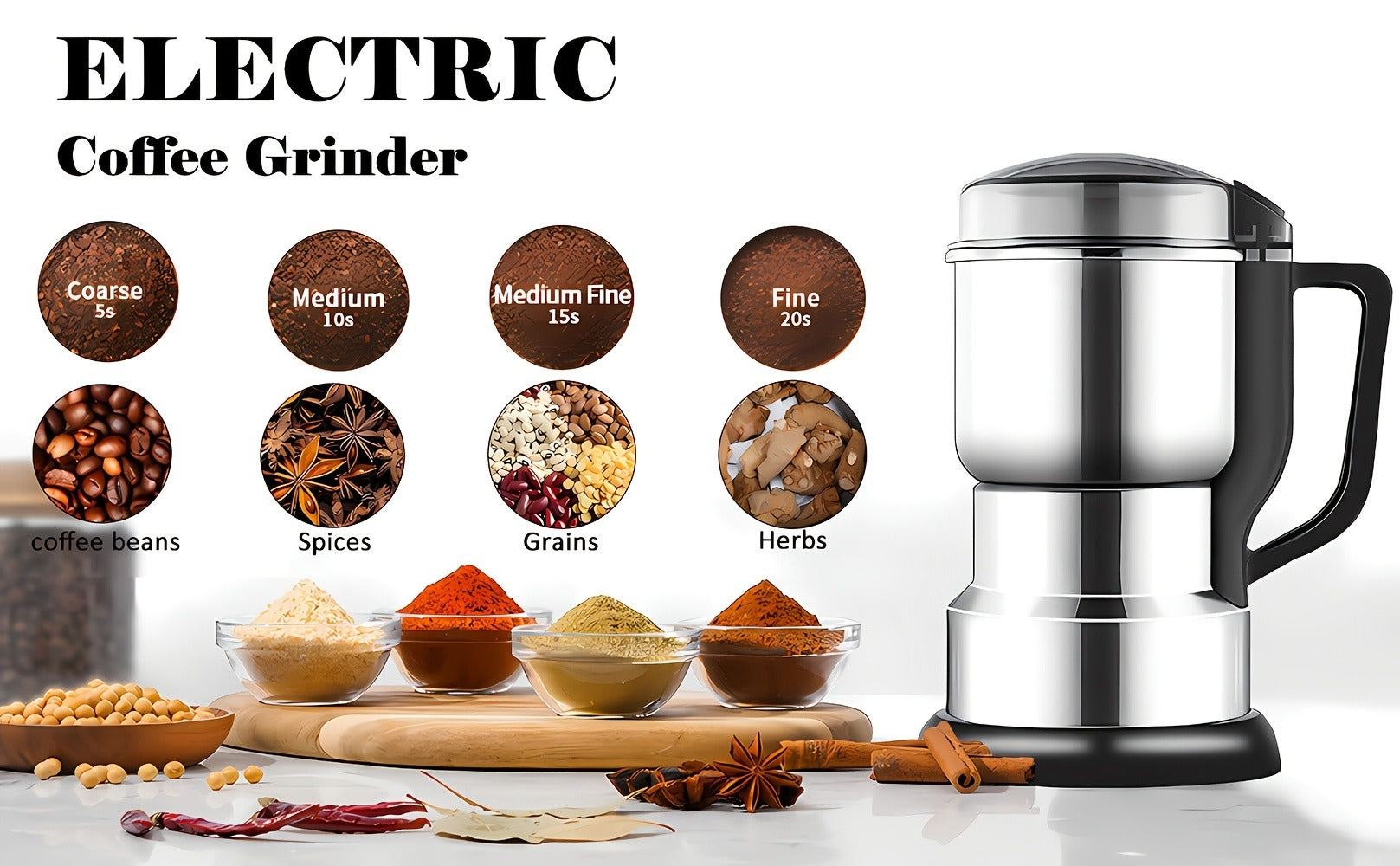 Electric Spice Grinder 300W ¨C Multifunctional 304 Stainless Steel Coffee Bean Herb Seasoning Grain Grinder Machine for Kitchen, Large Capacity, Powerful & Fast