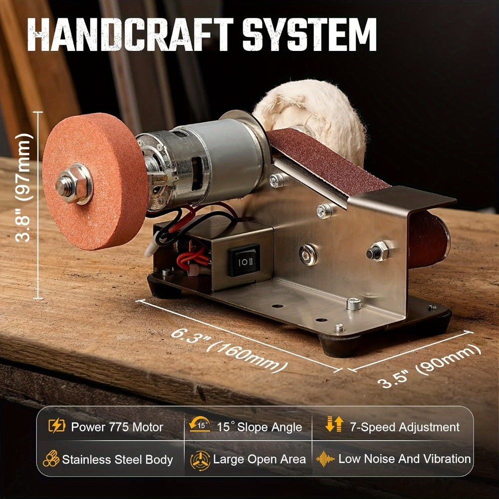 Mini Belt Sander 3-in-1 Electric Desktop Knife Sharpener 15 Degree 7 Speed Adjustable Polishing Machine for DIY Metal Wood Handicrafts Cutting Tools with Sanding Belts
