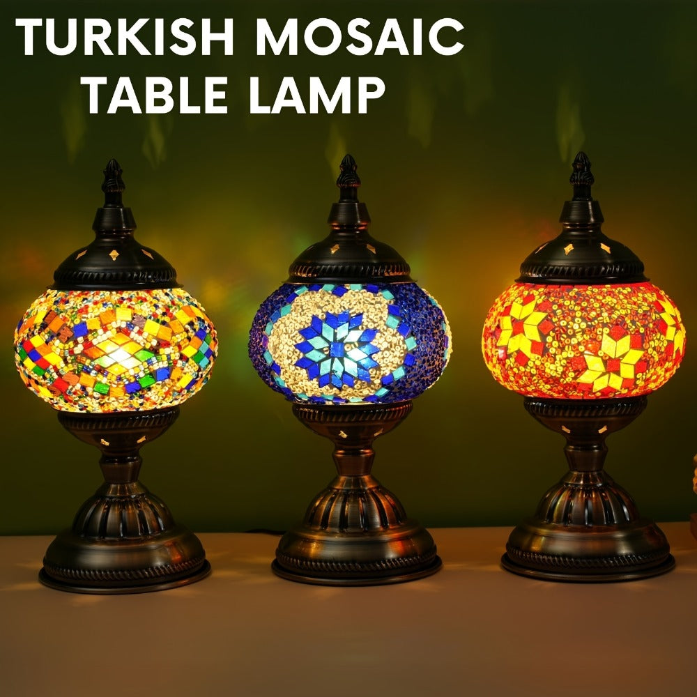 Mosaic Table Lamp Handcrafted Turkish Glass Bedside Lamp 3-Color Dimmable with Metal Base Bulb Included