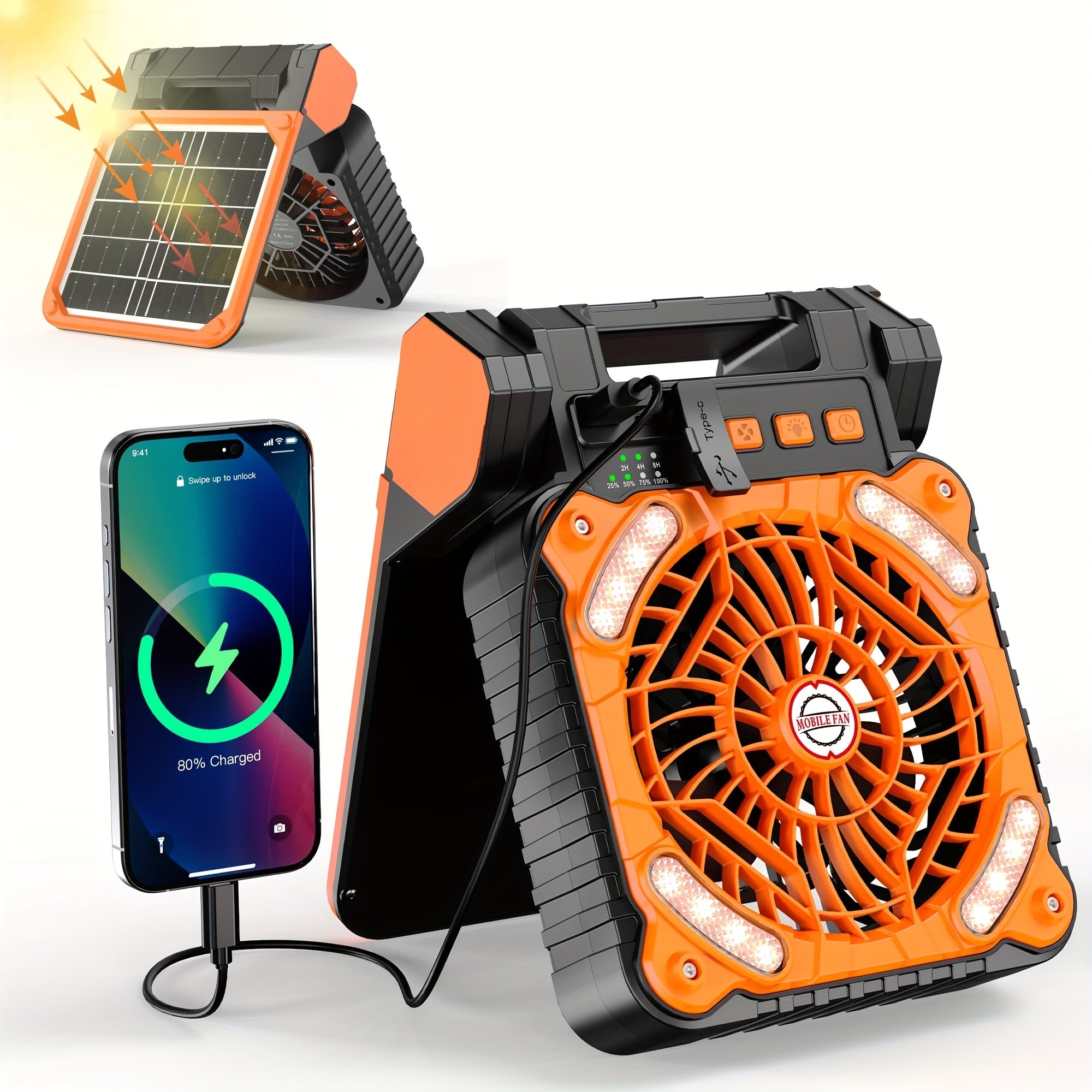 Solar Camping Fan 10400mAh Rechargeable with Solar Panel LED Light Timer USB Battery Powered 2-in-1 Fan and Light for Travel Picnic Outdoor Indoor Sleeping