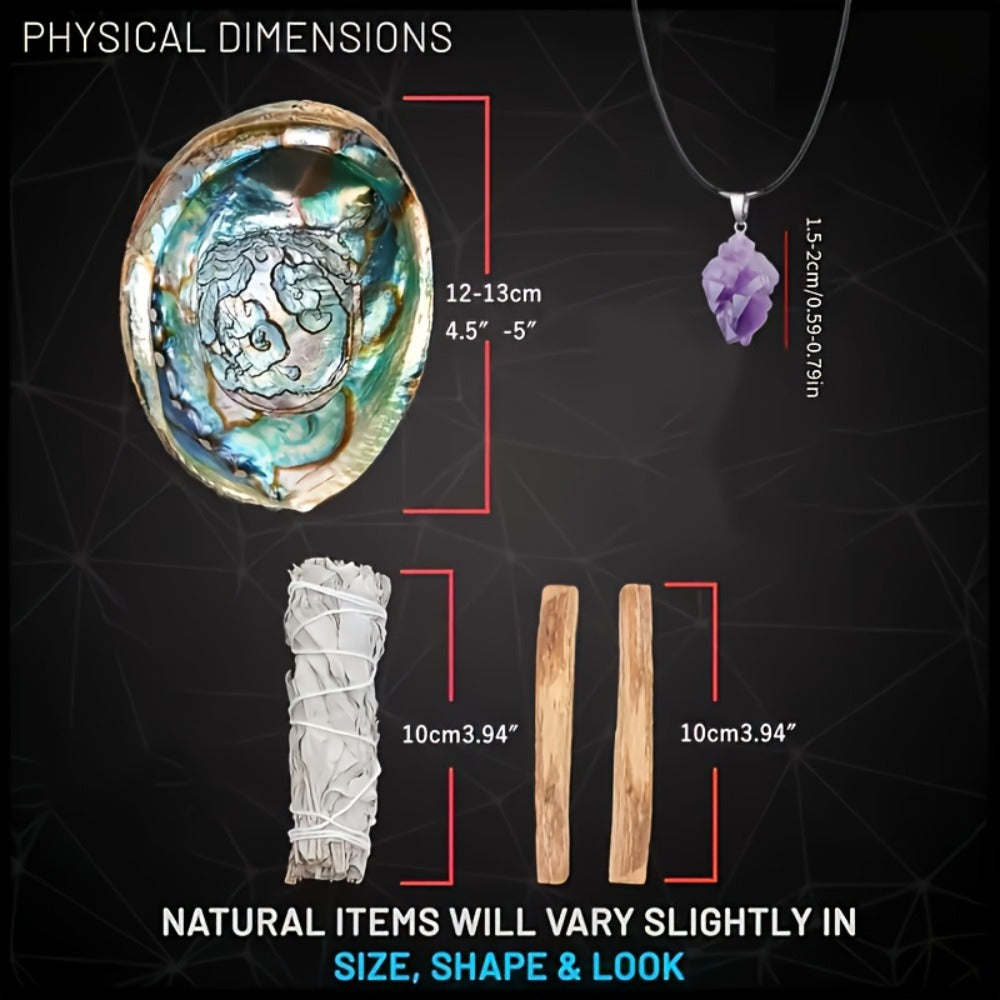 Sage Smudge Kit with Abalone Shell, White Sage Bundle, Holy Wood Palo Santo, Amethyst Crystal Necklace, Home Cleansing Ritual Gift Set