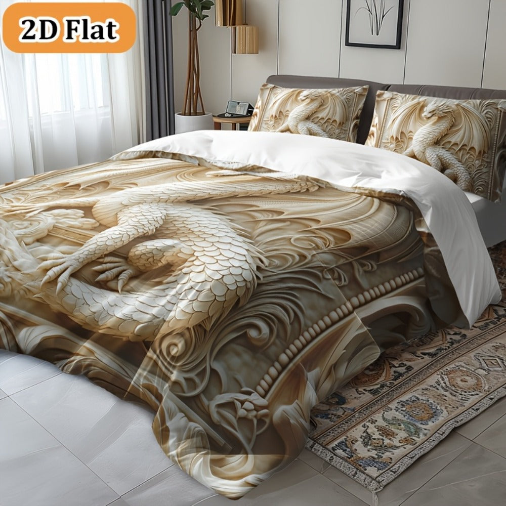 Dragon Print Duvet Cover Set 3-Piece ¨C Boho Dragon Totem Bedding, Soft Polyester Comforter Cover with 2 Pillowcases, Twin Full Queen King, Dorm Room Decor