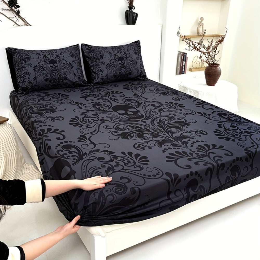 Gothic Skull Fitted Sheet Set 3-Piece ¨C Victorian Baroque Halloween Bedding | 1 Deep Pocket Fitted Sheet + 2 Pillowcases | Machine Washable Hypoallergenic Polyester | Twin Full Queen King