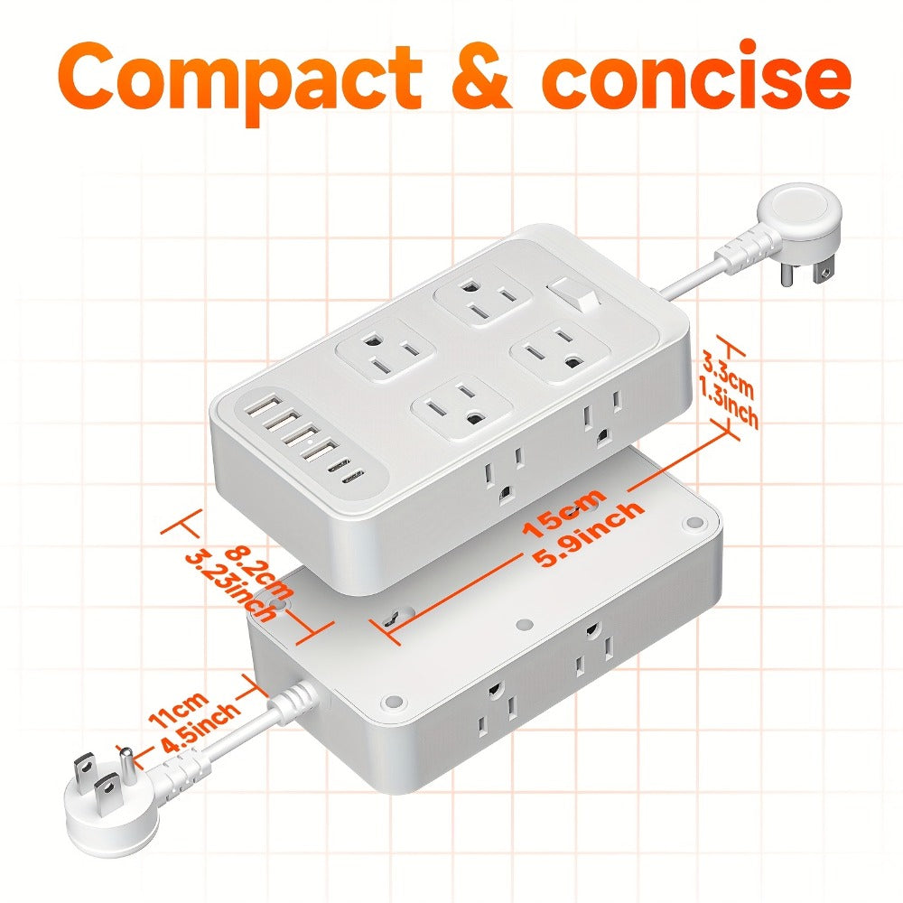 Power Strip Outlet Extender Surge Protector 8 AC Outlets 6 USB Charging Ports 4 USB-A 2 USB-C 3 Inch Short Cord Desk Charging Station for Home Dorm Office Travel White Black