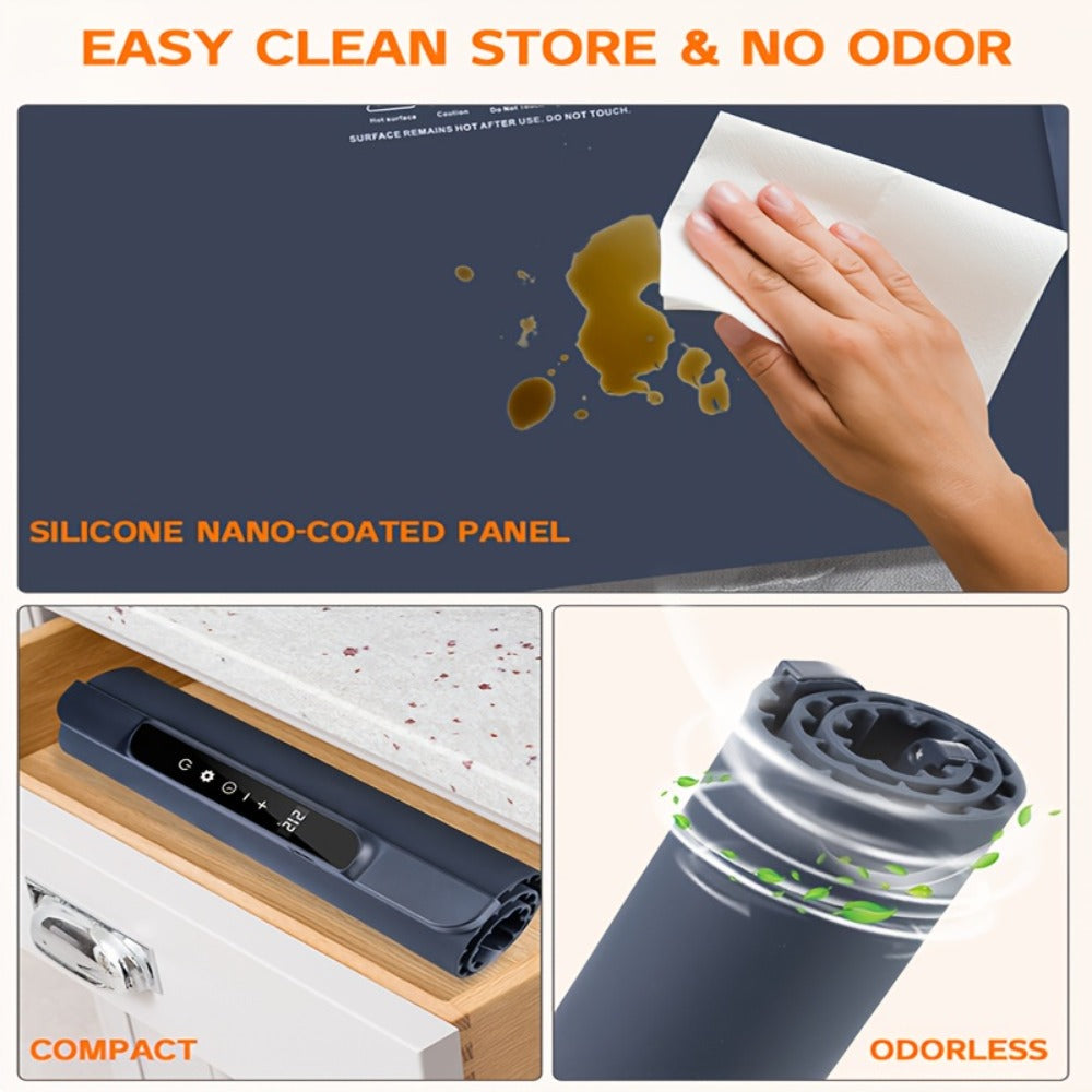 Electric Food Warming Pad Silicone 3 Temperature Levels 6-Hour Timer Foldable Full Surface Rapid Heating Tray for Buffet Party Kitchen Countertop Grayish Blue