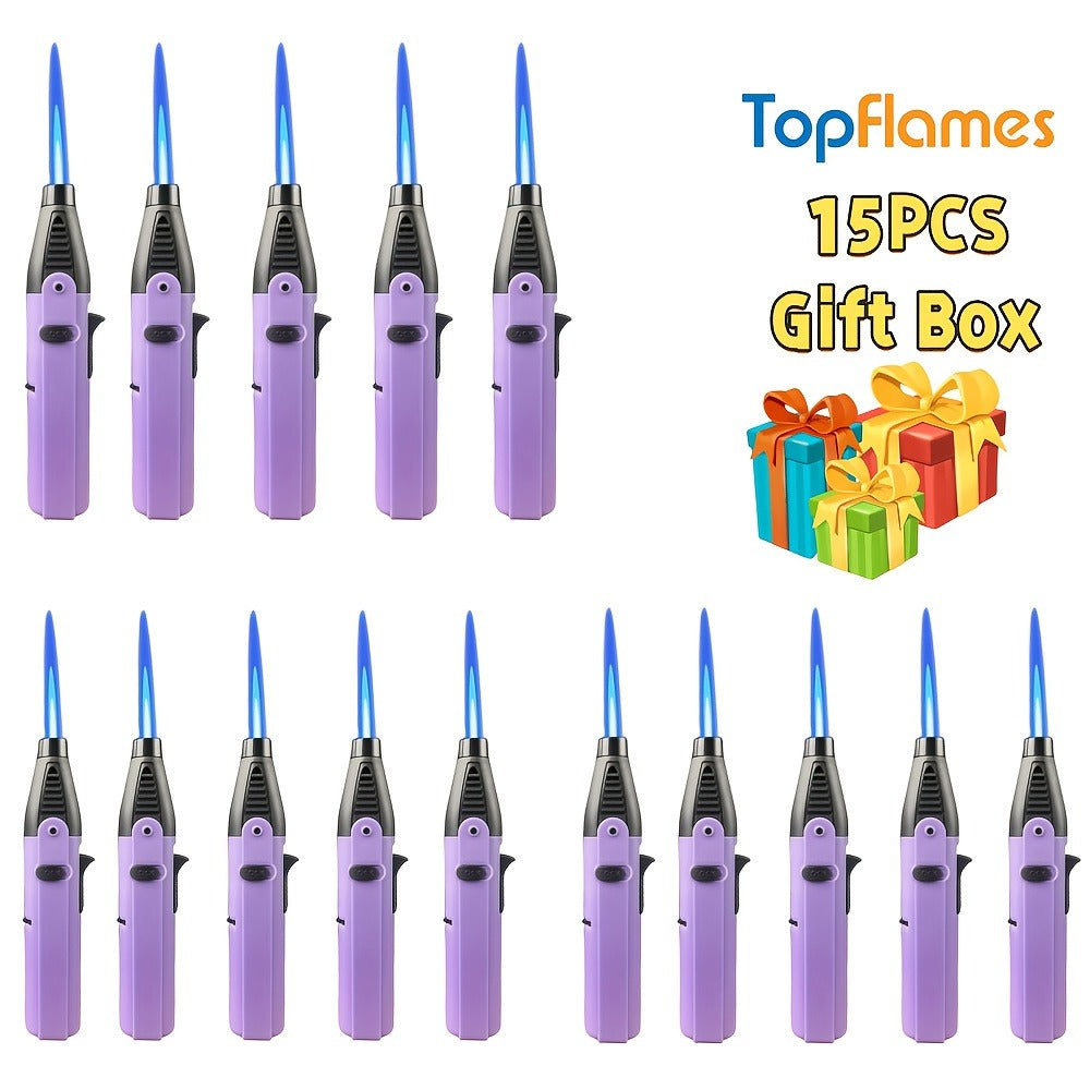 Torch Lighter Set Windproof Jet Flame with Safety Lock & Adjustable Flame - 10/15pcs Long Igniter for Candles, Grill, BBQ & Fireworks | Gift Box | 5 Colors