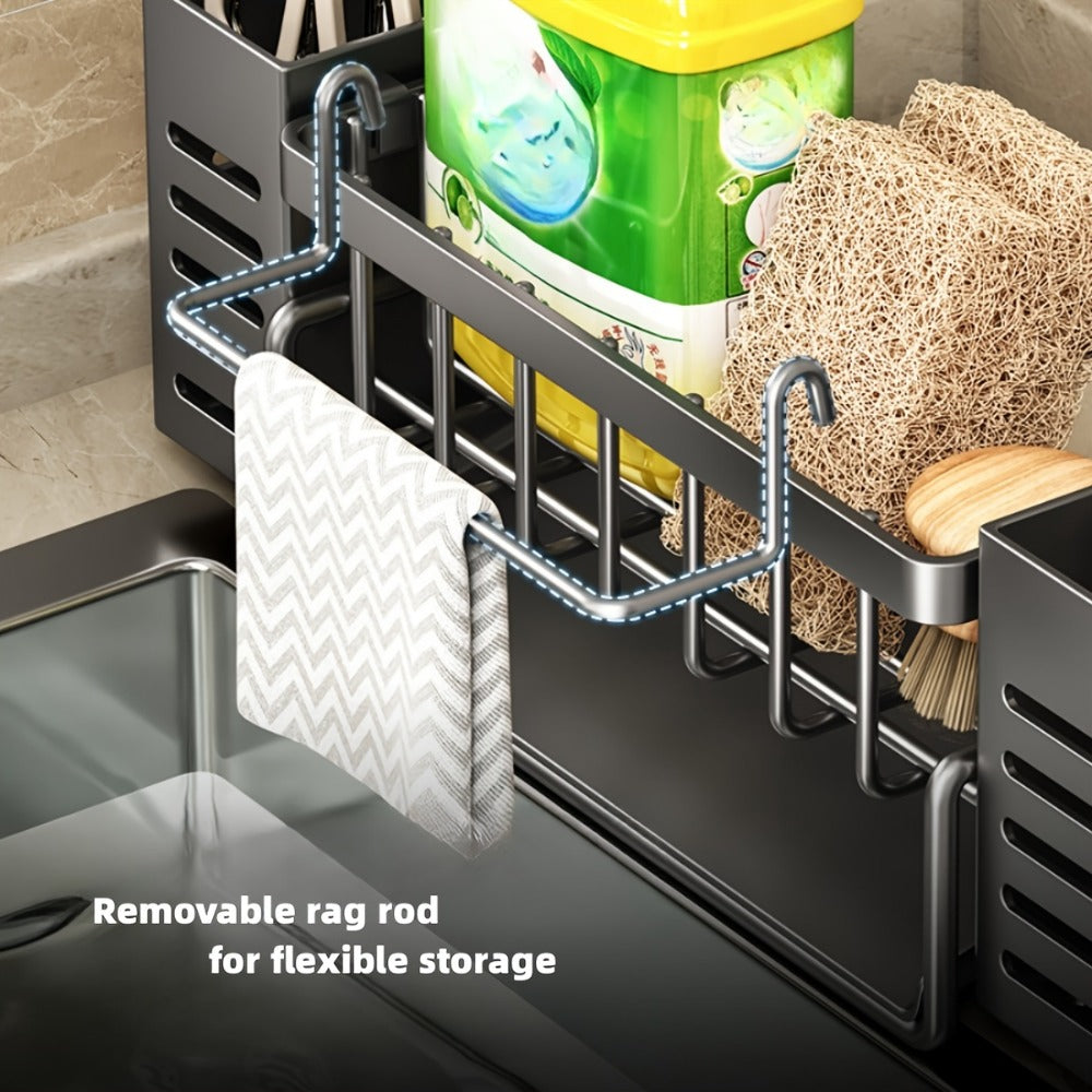 Kitchen Sink Organizer Sponge Holder with Self-Draining Tray Removable Rag Rod Carbon Steel Countertop Storage Rack for Sponges Brushes Soap Bathroom