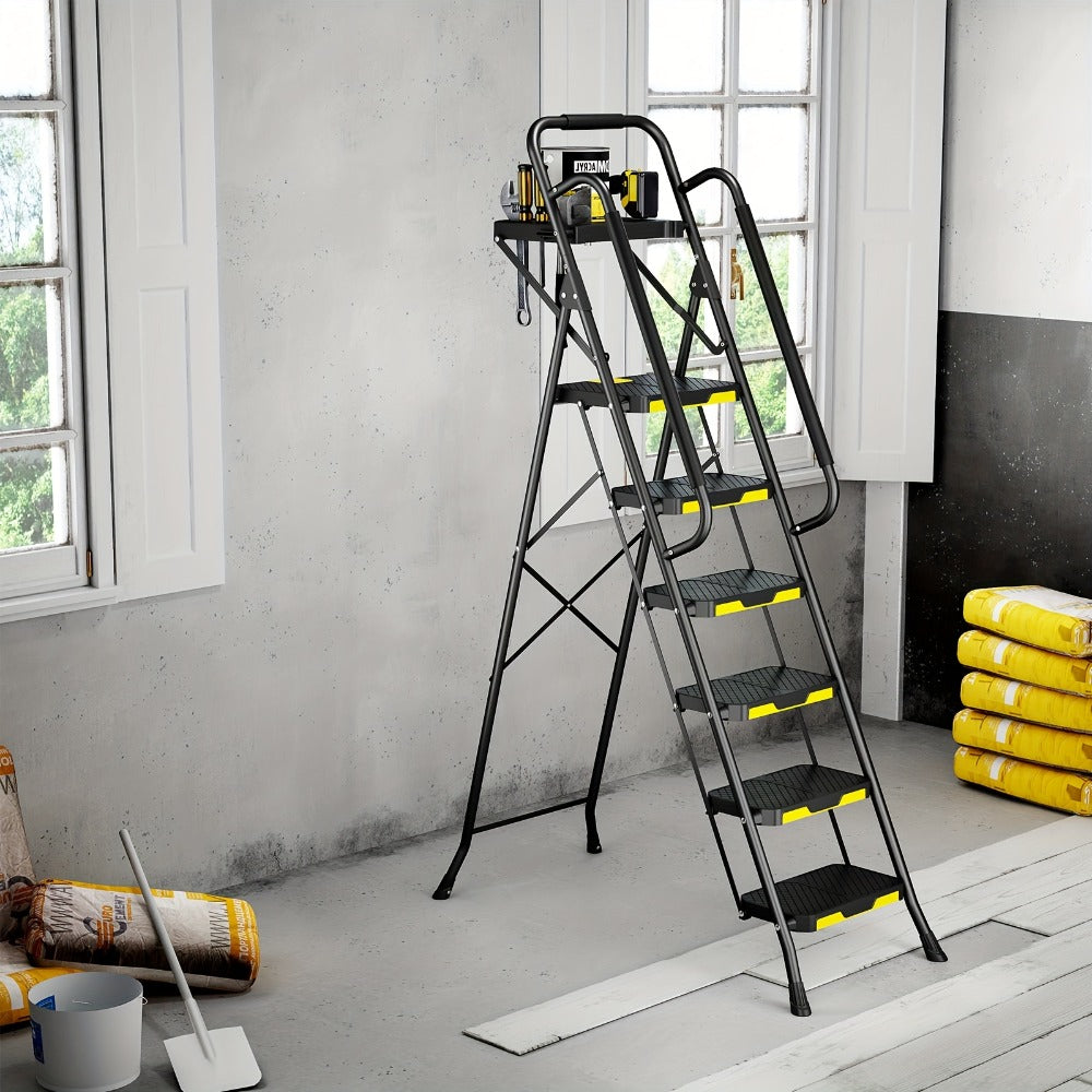 6 Step Ladder with Handrails & Tool Platform 800 LBS ¨C Folding Step Stool Wide Pedal Steel Safety Ladder for Adults, Painting, Home, Garage & Outdoor Use ¨C Auto Safety Lock, Compact Storage