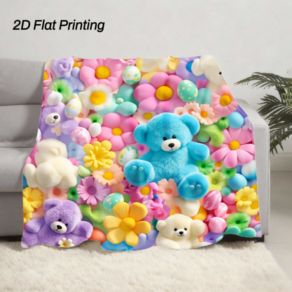 Bear Print Flannel Throw Blanket - Cute Soft Plush 2D Flat Printed Cozy Bedspread for Sofa Bed Camping Travel, Adorable Animal Pattern Gift Blanket Multi-Color