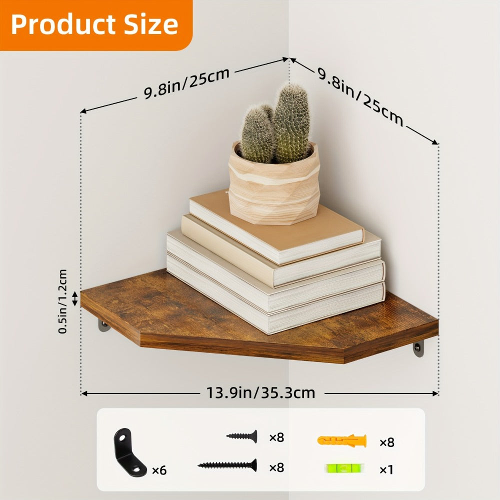 Floating Corner Wall Shelf 5-Sided Wall Mounted Storage Rack - Modern Display Unit for Bathroom, Kitchen, Bedroom & Living Room - Set of 2, 4 or 6 in Brown, Black or White