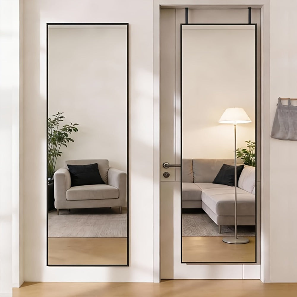 Full Length Mirror 47x14 ¨C Over the Door or Wall Mounted Hanging Mirror, Aluminum Alloy Frame, Full Body Dressing Mirror for Bedroom, Living Room & Entryway, Arched & Rectangular, Black & Gold