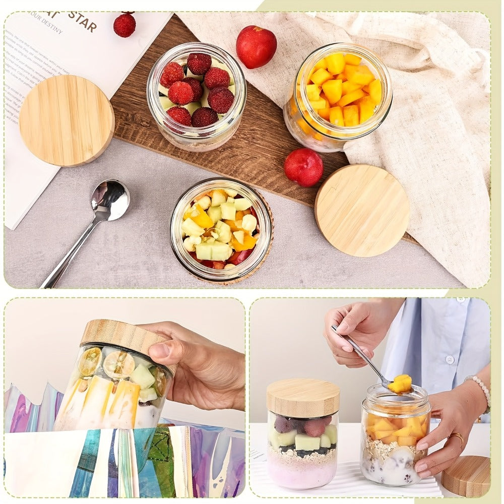 Glass Jars with Bamboo Lids - Airtight Wide Mouth Mason Jars for Overnight Oats Yogurt Chia Seeds Snacks and Meal Prep, Clear Glass Food Storage Containers for Salad Spice and Sugar, Available in 4 Pack 16oz or 6 Pack with Spoons
