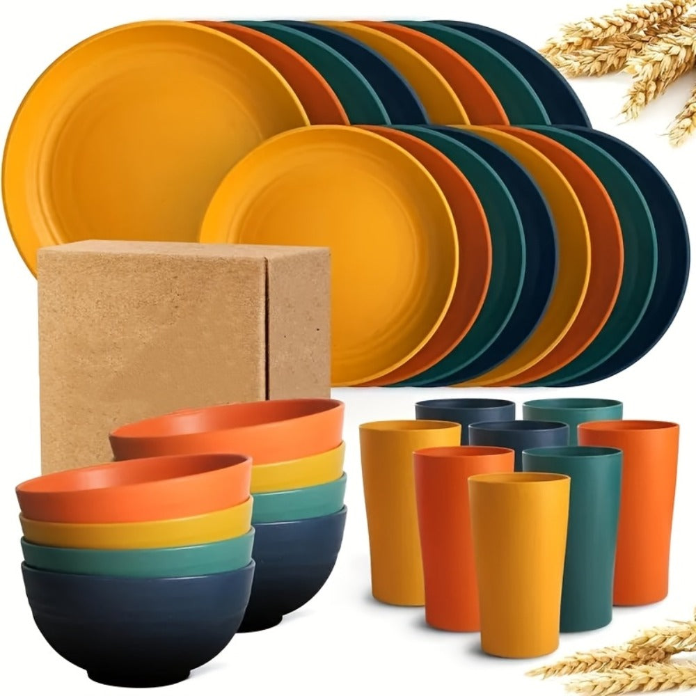32pcs Wheat Straw Dinnerware Set for 8 - Unbreakable Plastic Plates Bowls Cups Set, Lightweight BPA-Free PP Tableware for Picnic Camping Outdoor, Modern Round Dishware for Home Parties Holiday