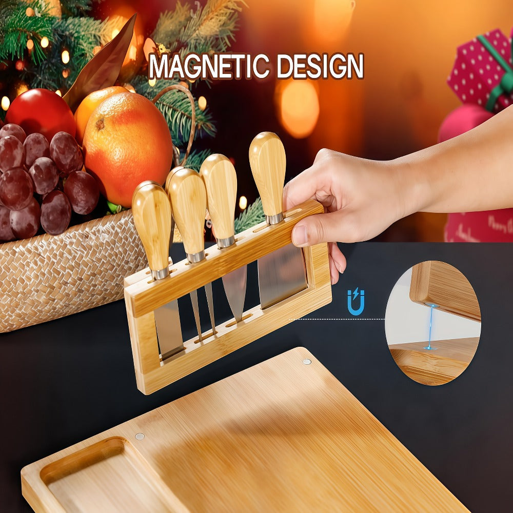 Charcuterie Board Set with Knives Large Bamboo Cheese Board Meat Platter Appetizer Tray with 4 Stainless Steel Knives Perfect for Party Wedding Christmas Birthday Gift
