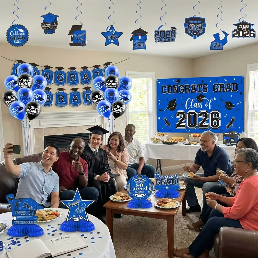 2026 Graduation Decorations Set ¨C Congrats Grad Banner, Backdrop, Hanging Swirls & Honeycomb Table Toppers, Class of 2026 Party Supplies Kit