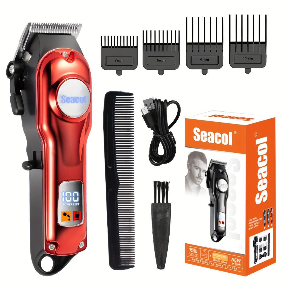 Men's Hair Clipper Set with T-Trimmer - USB Rechargeable Electric Hair Cutting Kit with LED Display, Cordless Grooming Combo for Beard Shaping, Fading & Detailing, Holiday Gift for Men, Red
