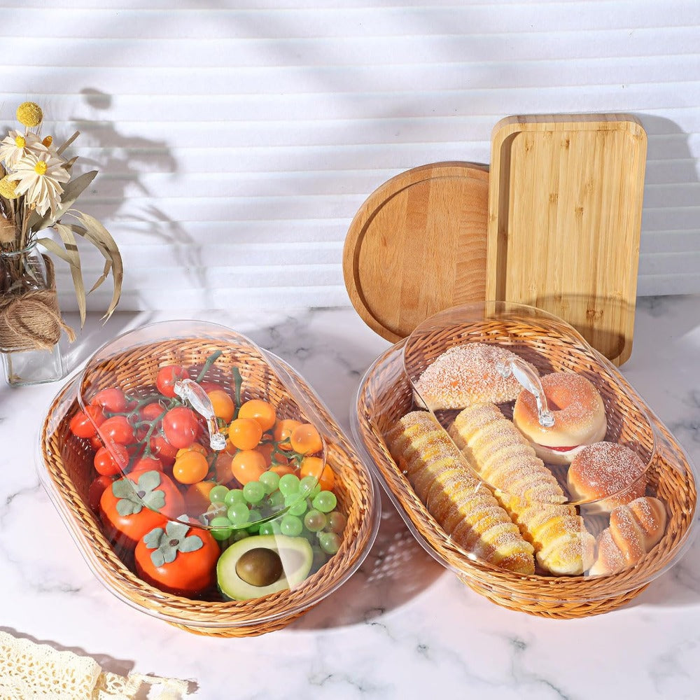 Woven Bread Basket with Lid Oval Rattan Food Basket for Serving Storage Fruits Vegetables Kitchen Dining Table Decor