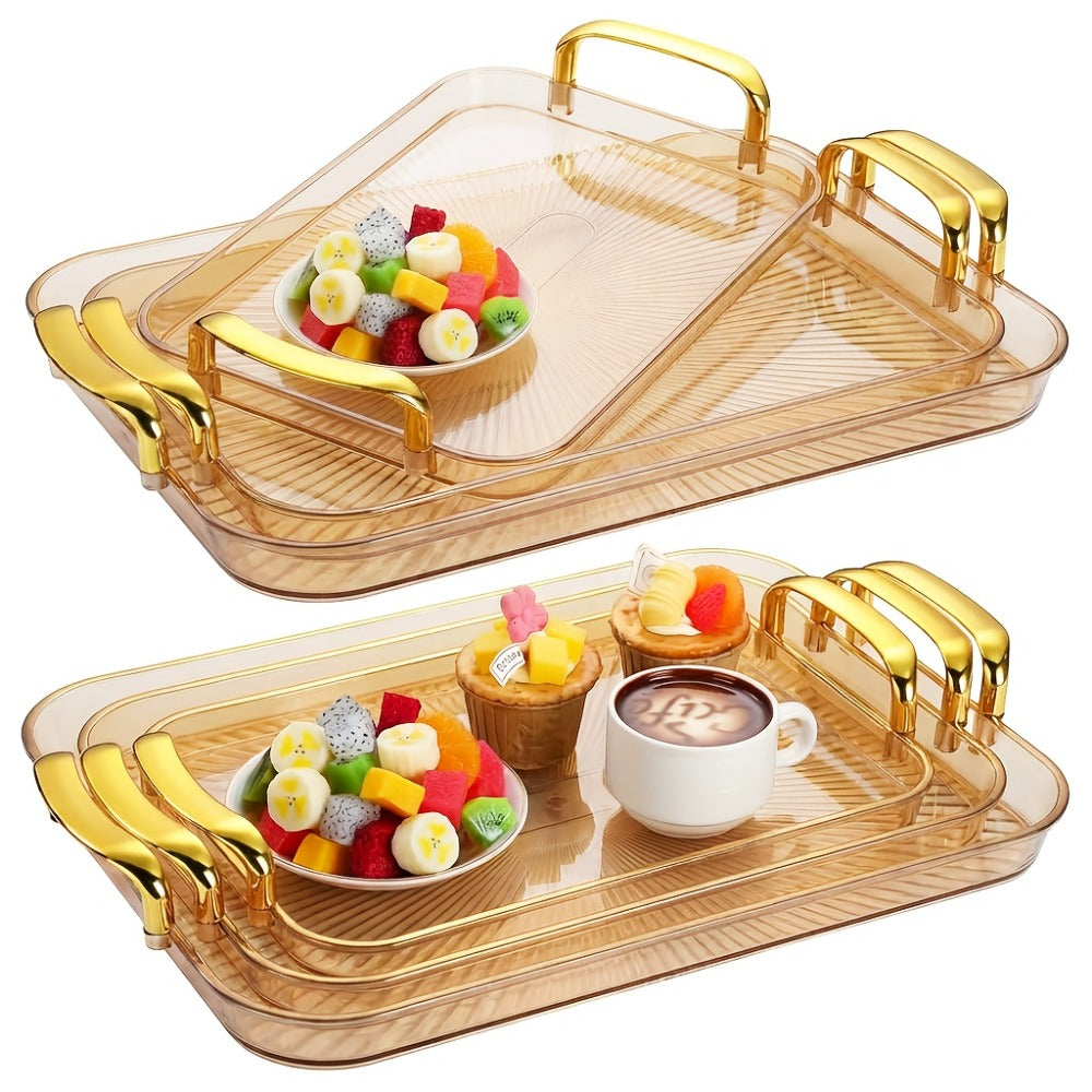 3-Piece Rectangular Serving Tray Set with Handles ¨C Plastic Food Trays for Parties, Dinners & Gatherings, 16.5/15/13.2 Inch Nested Trays for Turkey, Cake, Cheese, Fruit & Appetizers