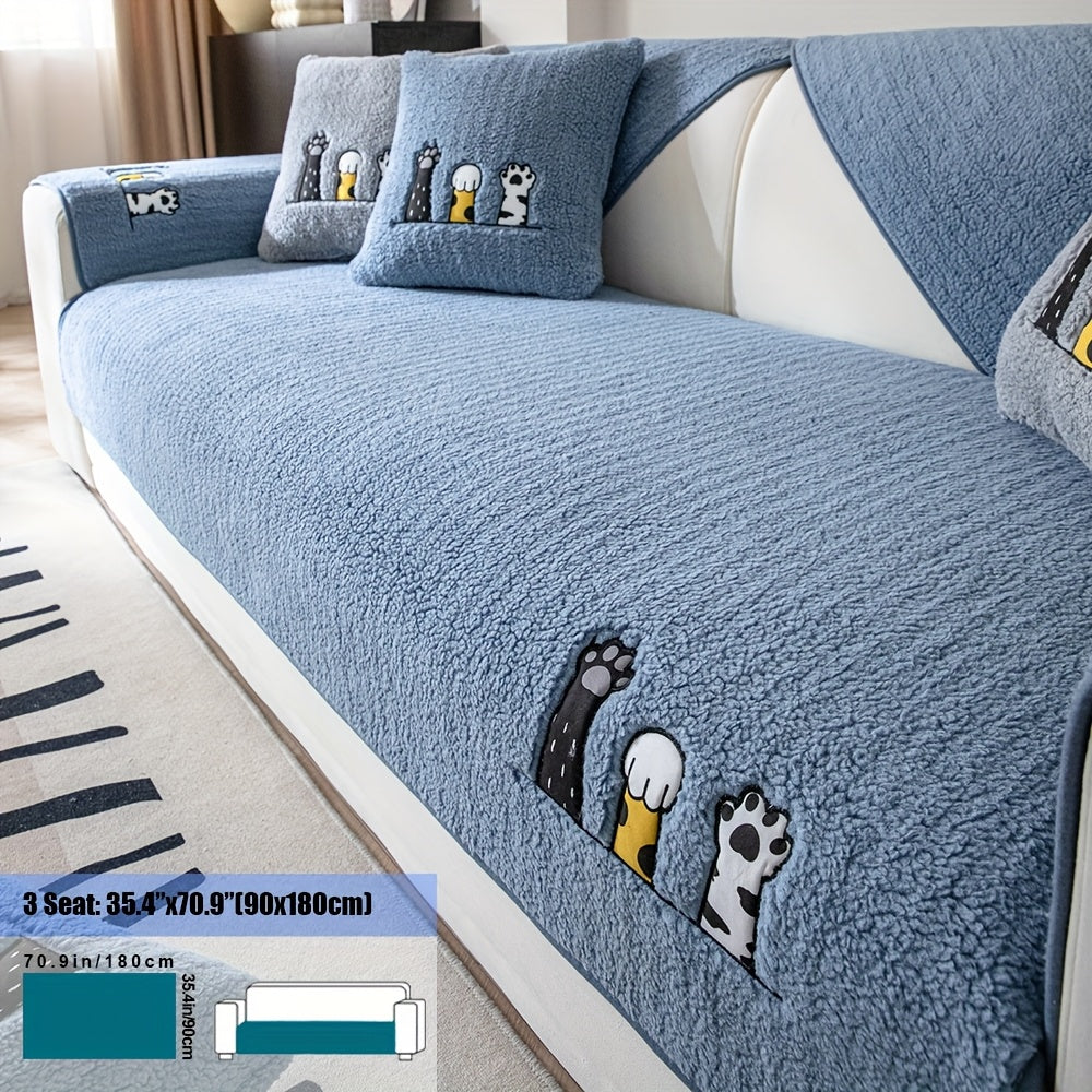 Sherpa Sofa Cover Cat Paw Embroidered Thick Plush Couch Slipcover Non-Slip Seat Cushion Protector Pet-Friendly Machine Washable Furniture Cover for Living Room Home Decor
