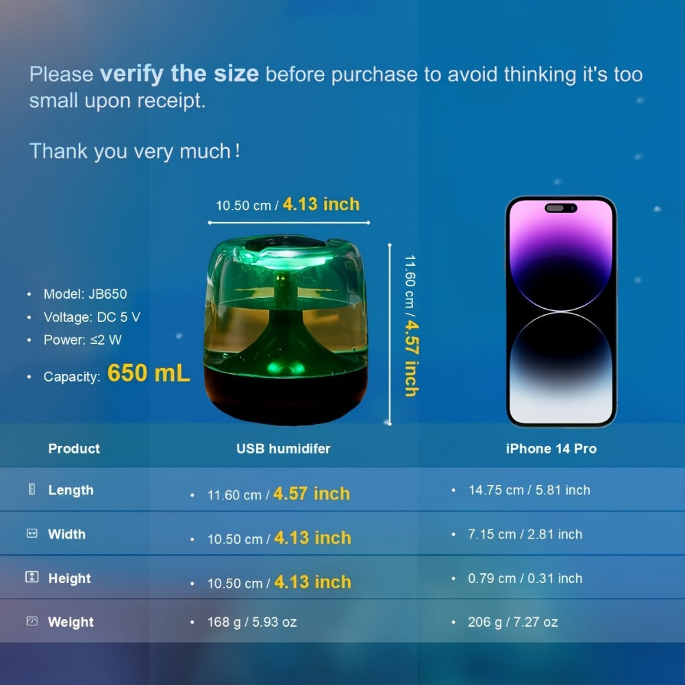 USB Humidifier with 7-Color Night Light ¨C Silent 26dB Double Mist Visible Water Tank 24-Hour Runtime for Bedroom Living Room Office Desktop Home Decor Gift