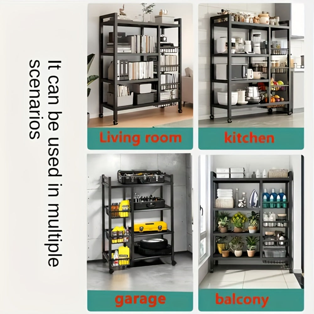 4 Tier Rolling Storage Rack with Wire Baskets Adjustable Metal Shelf on Wheels for Kitchen Pantry Bathroom Garage Closet Organizer