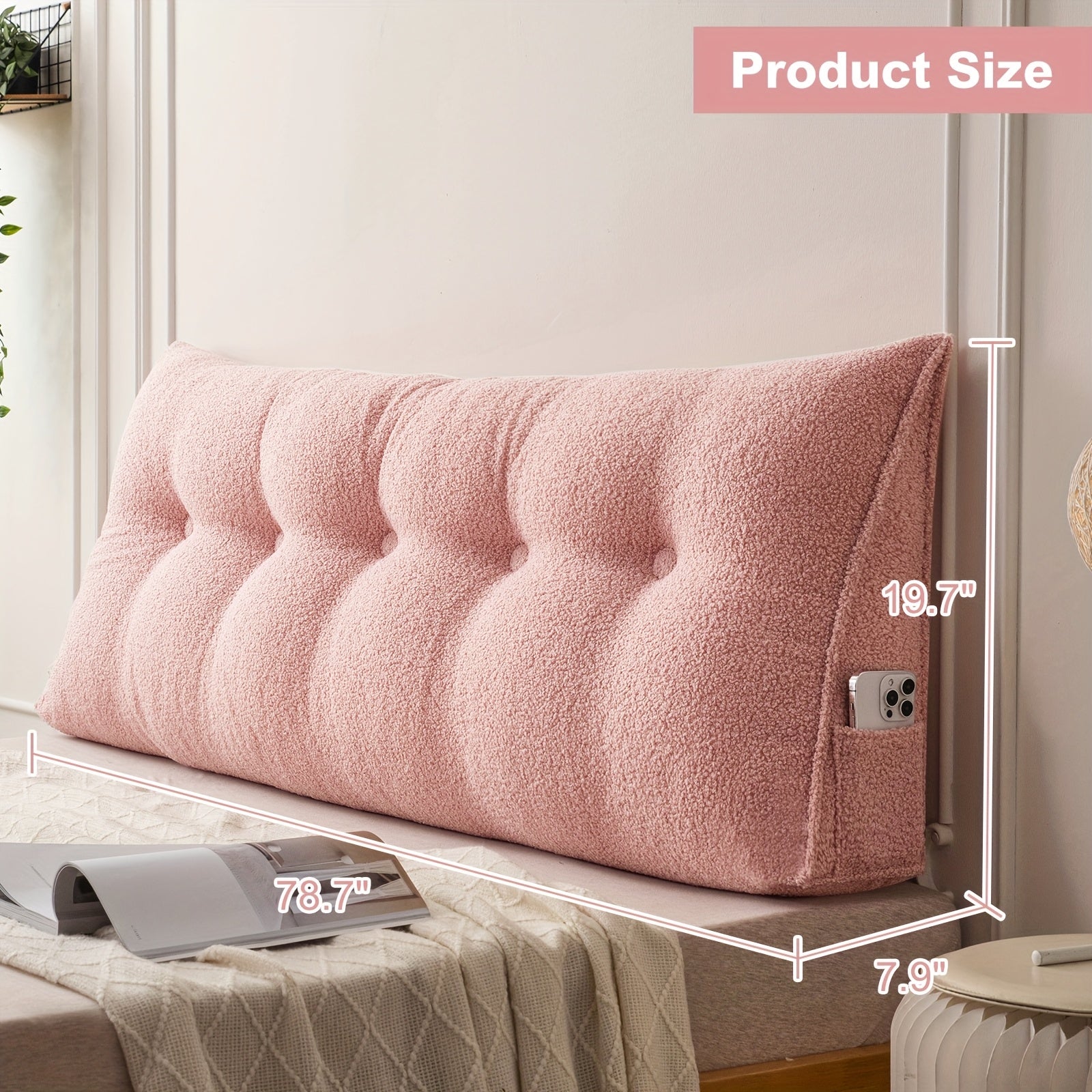 Bed Wedge Pillow Headboard Pillow with Side Pockets Removable Washable Cover Teddy Velvet Reading Pillow Twin Queen King